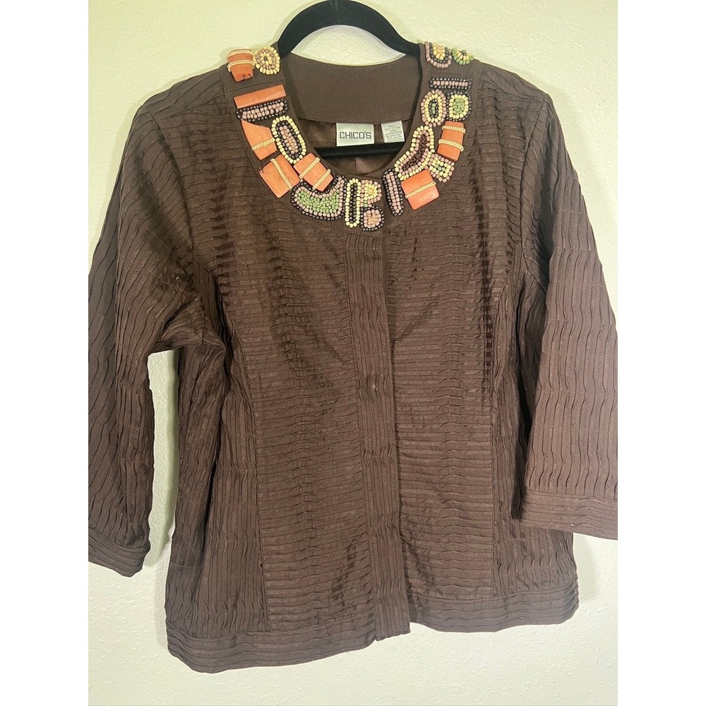 Chico's Beaded Jacket Brown Textured Artwear Boho Tribal Size 2 / L /XL